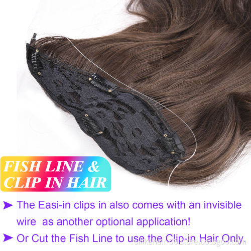 Natural Clip in One Piece Hair Extension Blonde Soft Long Wavy Invisible Wire Fish Line Hair Synthetic Hair Extensions